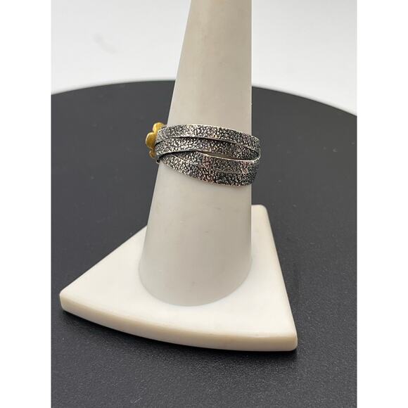 Artisan Pebbled Sterling Silver‎ and Brass 6mm Opal Cabochon Floral Ring Sz 9 - Picture 5 of 11